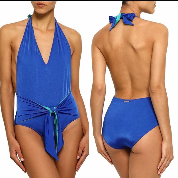 NWT Stella McCartney One Piece Swimsuit SZ SMALL Ballet Tie-Front Halter Blue - Picture 1 of 8